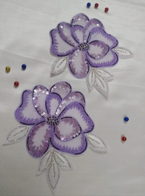 Pair of Handmade Floral Sequin Patches - Purple Color
